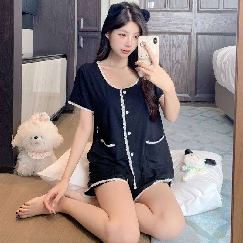 莫代尔棉睡衣女短袖短裤小香风两件套装显瘦黑色甜美家居服春秋季
