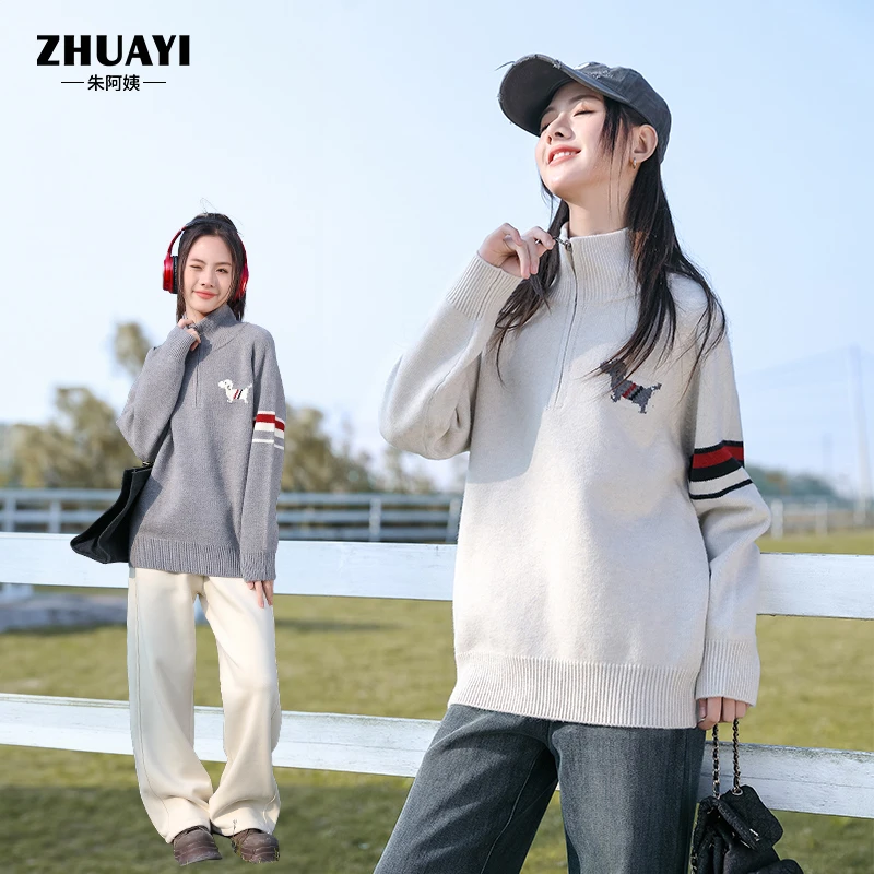 女大童加厚毛衣冬季新款半拉链针织衫卡通可爱保暖打底衫