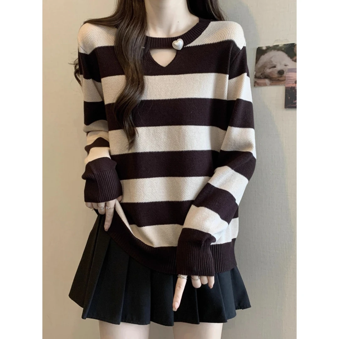 秋冬内搭【热卖折扣】镂空条纹长袖针织衫女春秋款2025大码胖mm高级