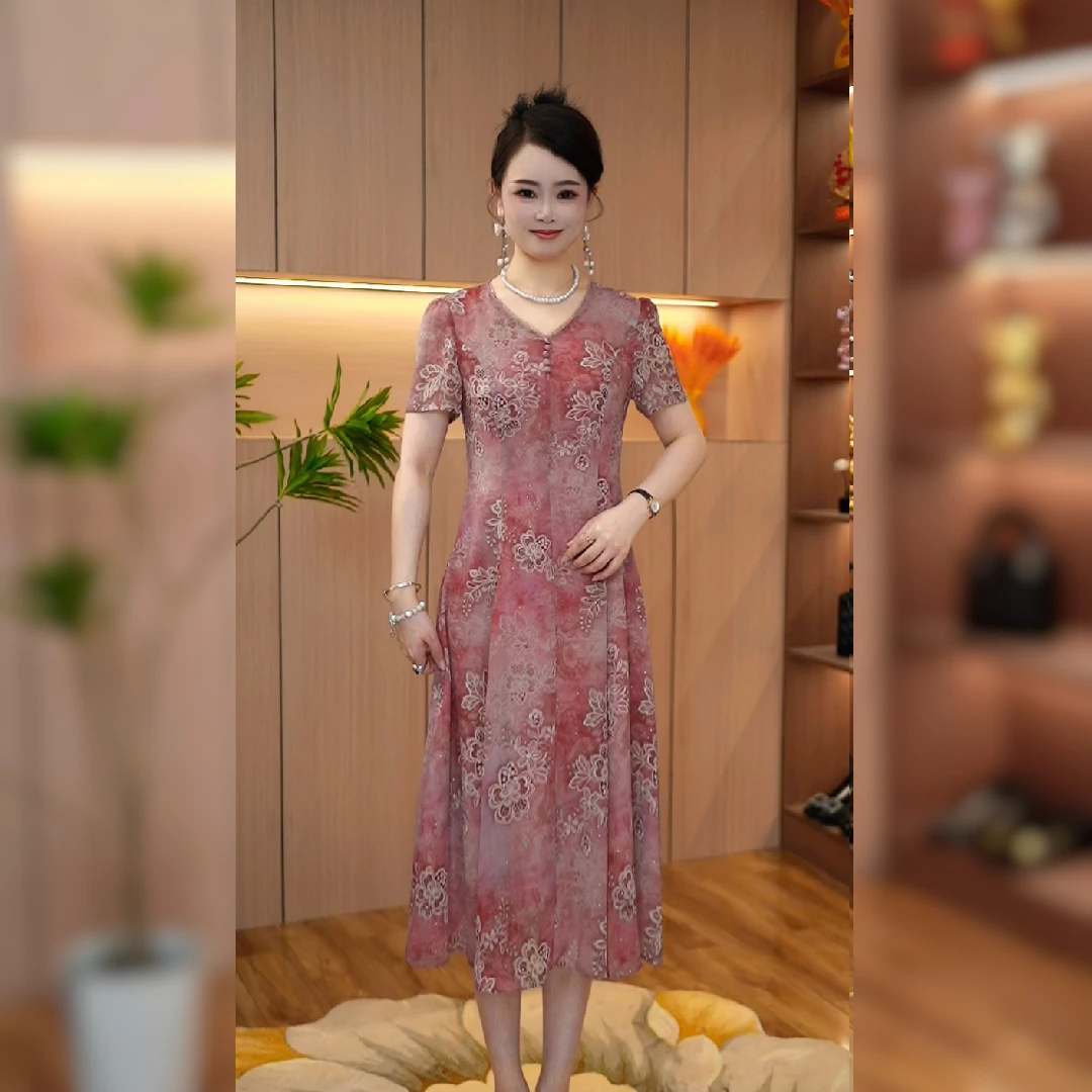 2025夏季新款连衣裙中长裙印花显瘦宽松长裙短袖款洋气时尚