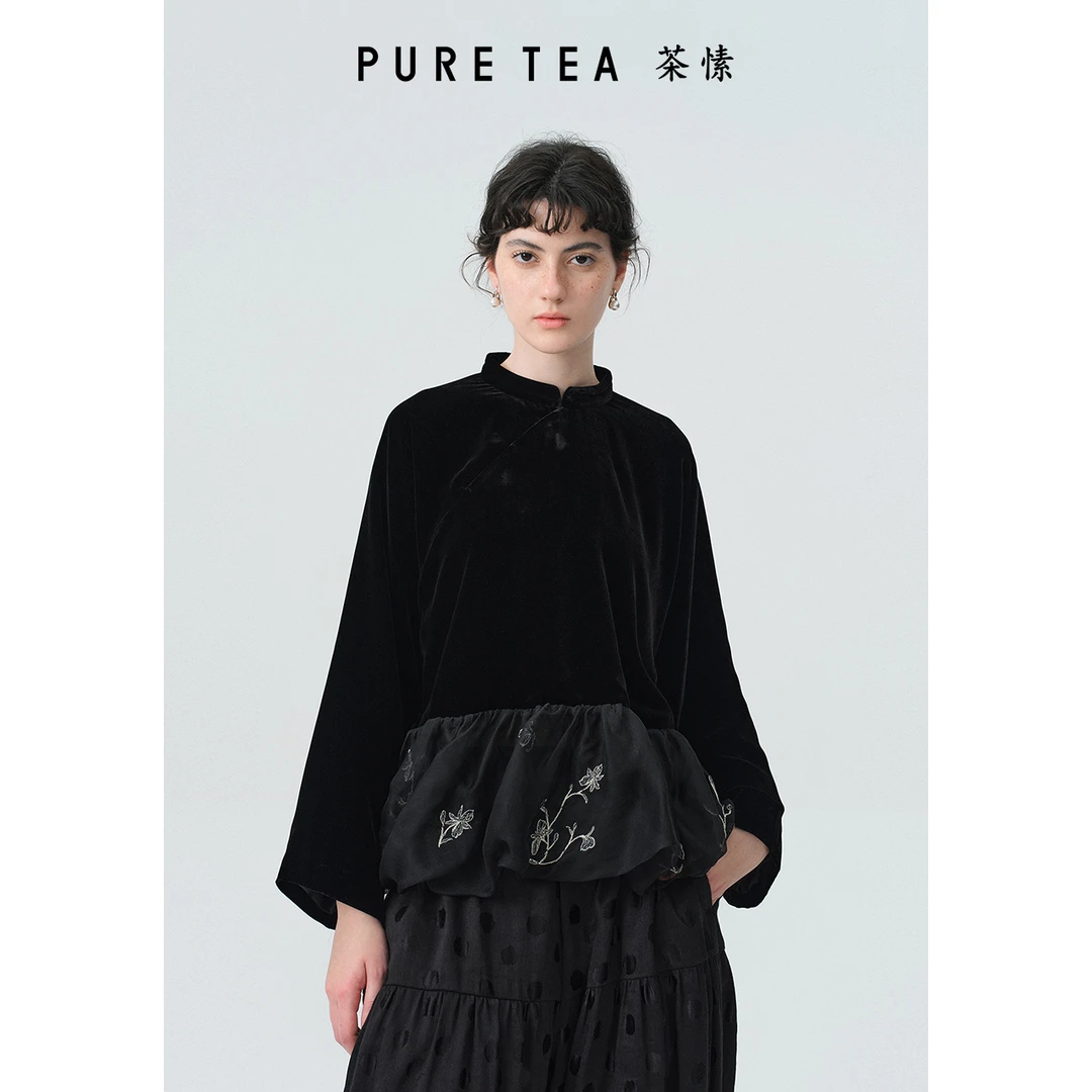 PURE TEA/茶·愫茶愫丝绒绣花新中式上衣女衬衫TJ0803C11