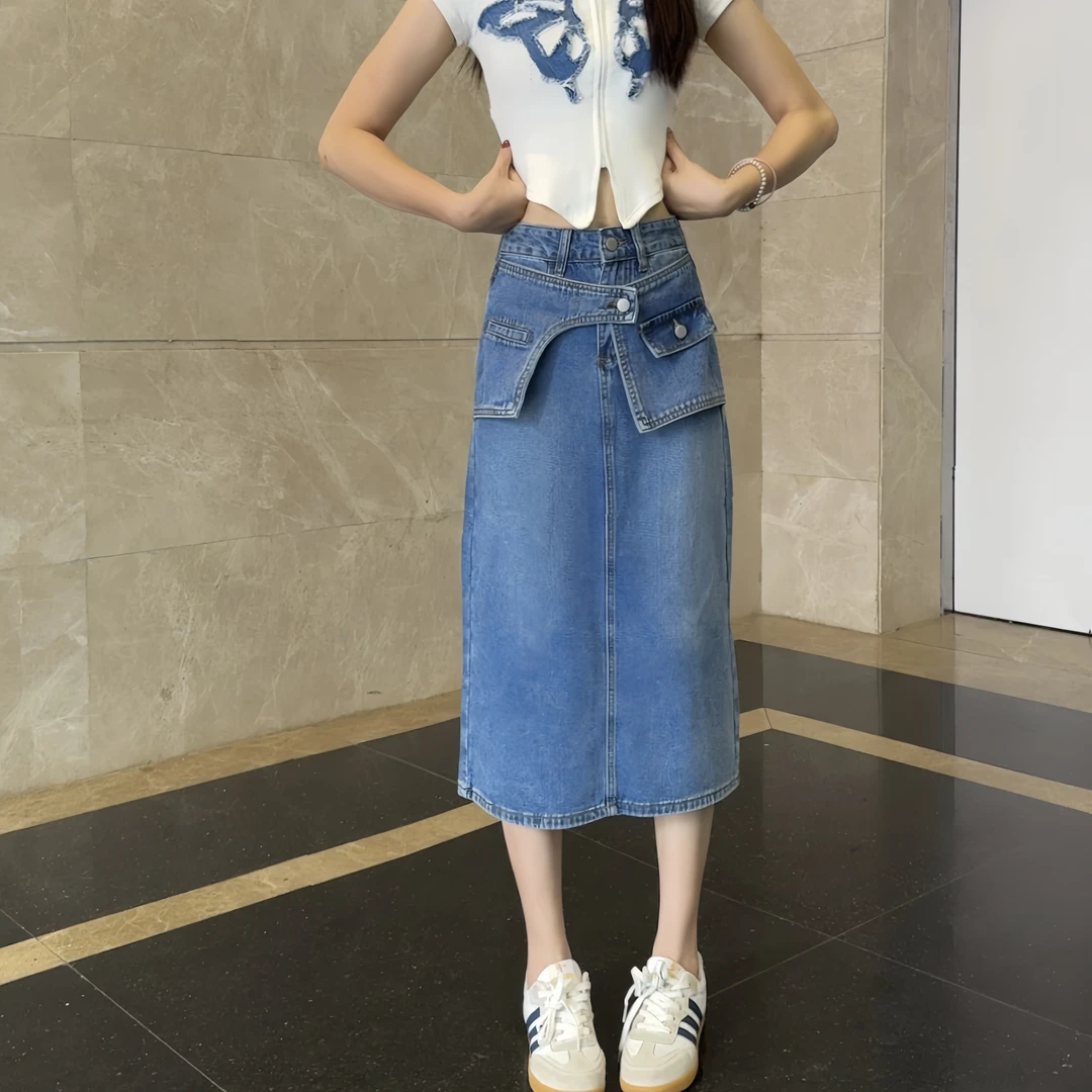 工装风+牛仔复古蓝后开叉+高棉无弹+设计款牛仔A字裙半身裙8238