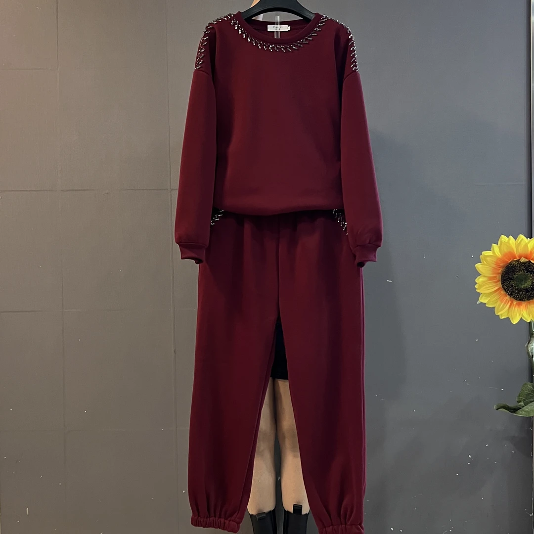 秋冬新款时尚大码重工镶钻显瘦遮肚家加绒卫衣卫裤两件套
