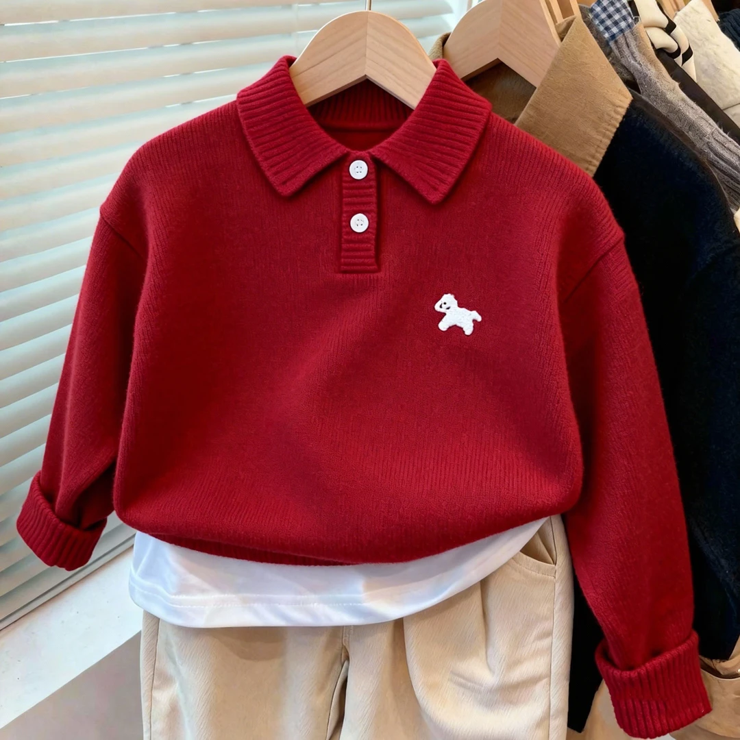 儿童男童POLO领毛衣秋冬新款洋气时髦中小童卡通小狗红色针织上衣