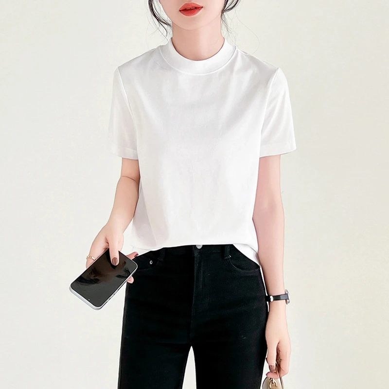 2025夏季新品女士宽松后中缝立领80支匹马棉T恤