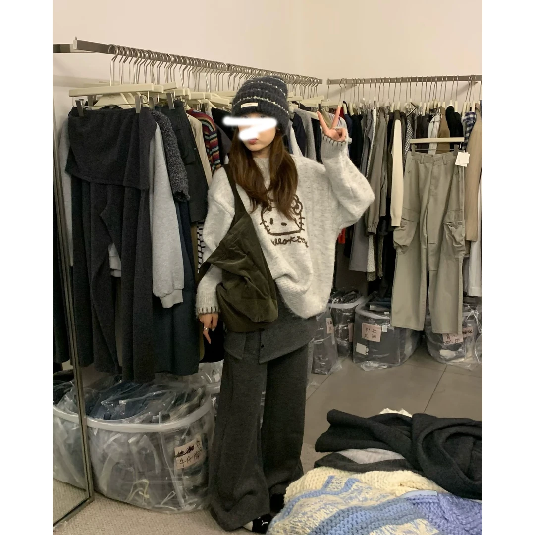 光彩凝聚 韩国东大门保暖可爱kitty刺绣毛衣圆领针织衫毛衣女秋冬