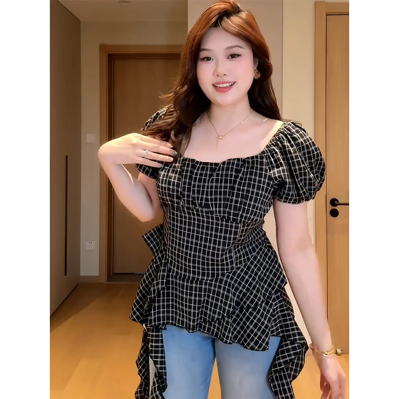 大码胖mm法式设计感格纹一字肩短袖衬衫女夏季荷叶边飘带独特上衣