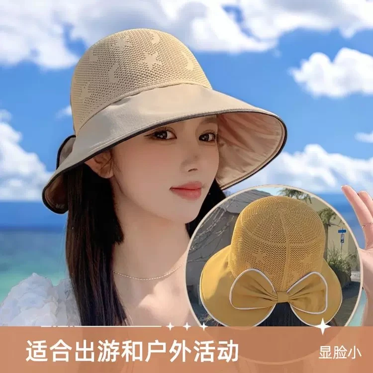 2025户外蝴蝶结显脸小渔夫帽黑胶防晒帽遮脸太阳帽透气洋气轻便