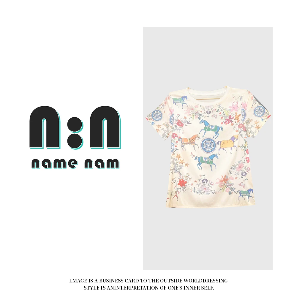 【楠姐奢品】香槟小马弹力桑蚕丝香槟色时尚轻奢气质定位印花T恤女