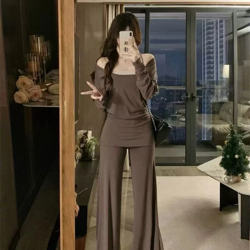 长袖打底衫女内搭2025年秋季显瘦上衣休闲百搭直筒休闲裤女套装