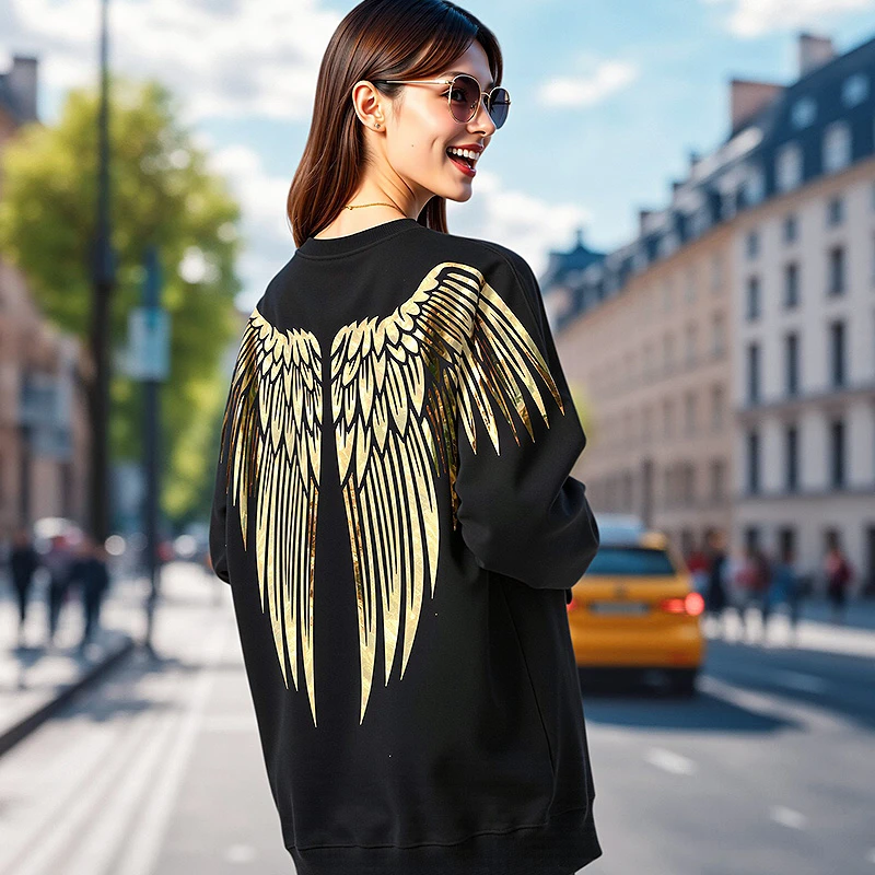 BY潮牌秋季新款卫衣/烫金翅膀男女同款百搭休闲上衣情侣圆领卫衣