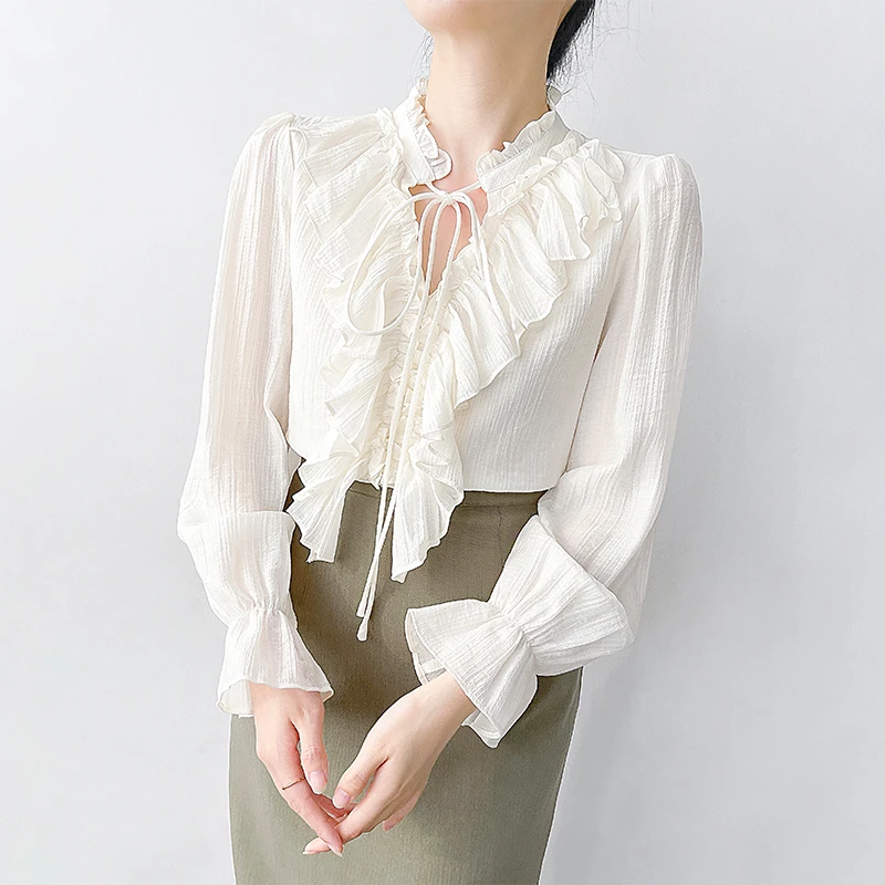 Q543木耳边系带衬衫女设计感小众褶皱肌理感衬衣喇叭袖荷叶边上衣