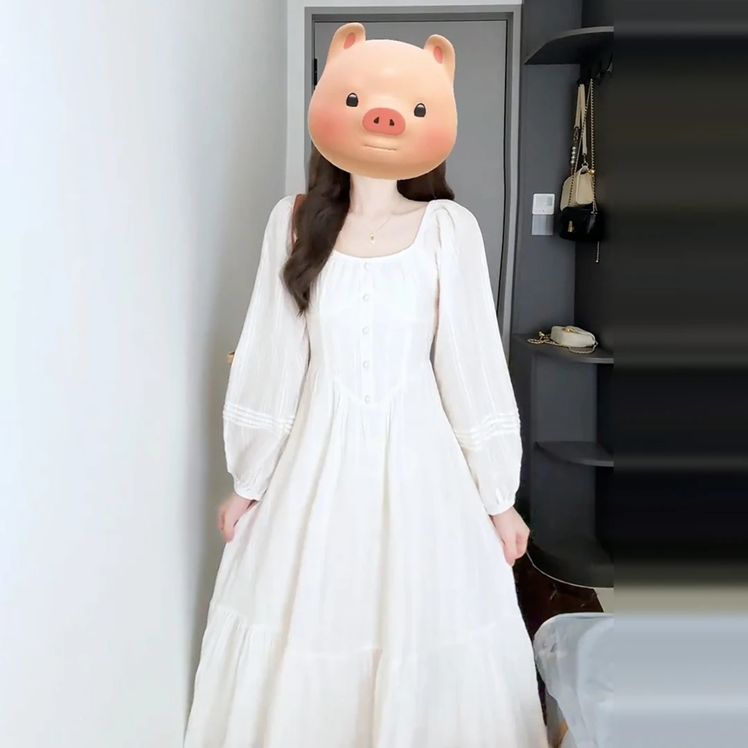 【现货+运补】方领白色长袖连衣裙2025新款法式巨好看打底长裙6778