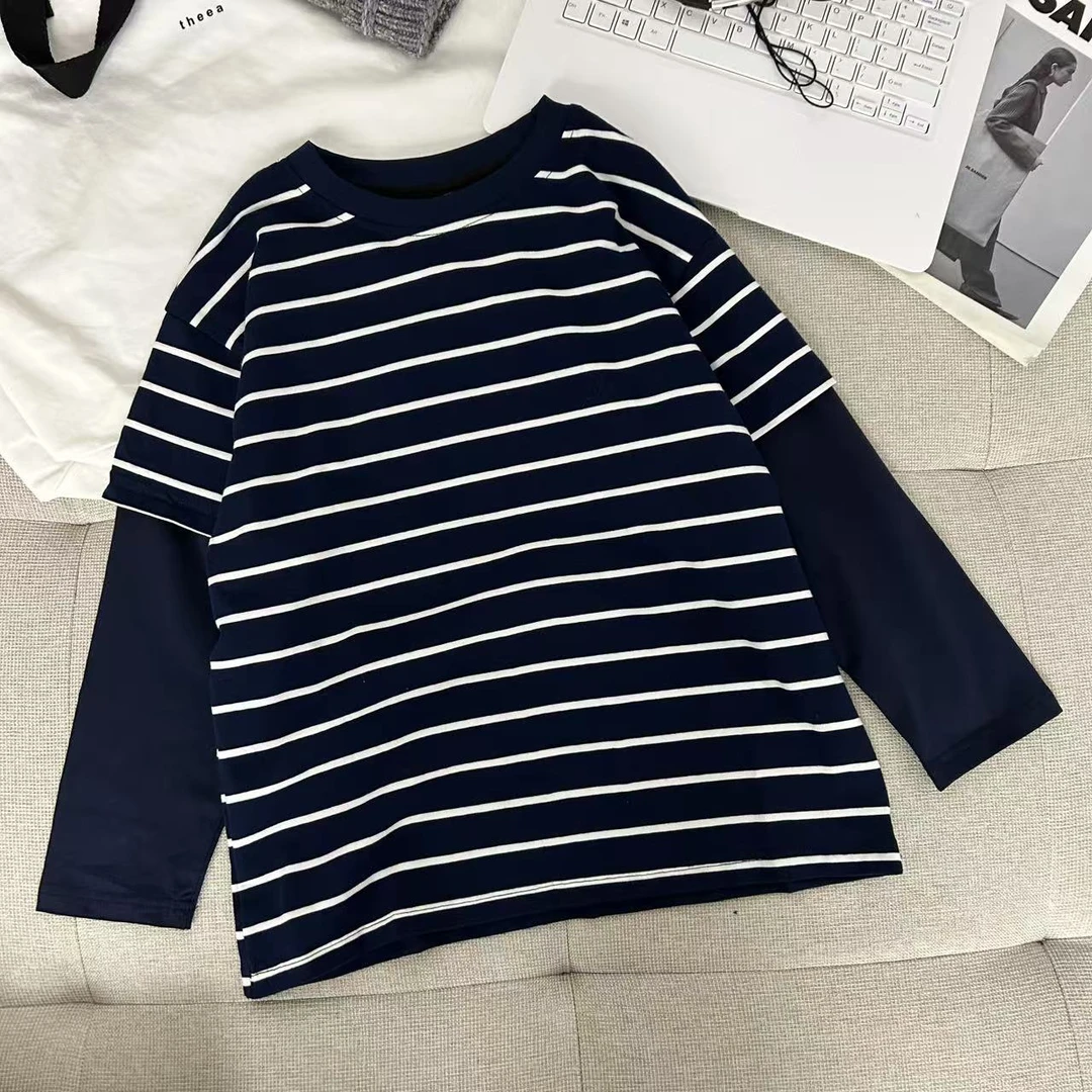 儿童条纹T恤2025新款男童长袖打底衫男孩秋装上衣纯棉假两件卫衣