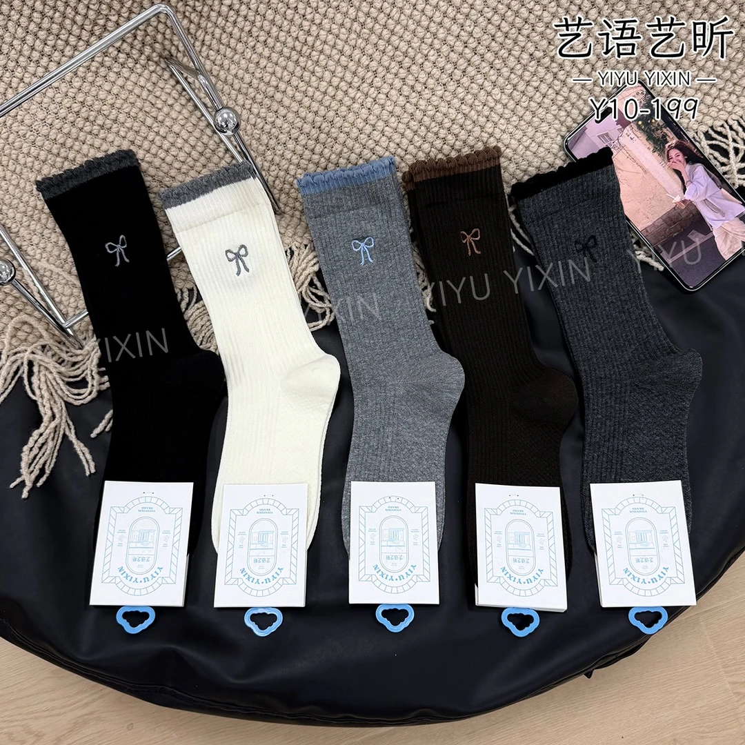 蝴蝶结可爱风极简中筒袜少女心刺绣