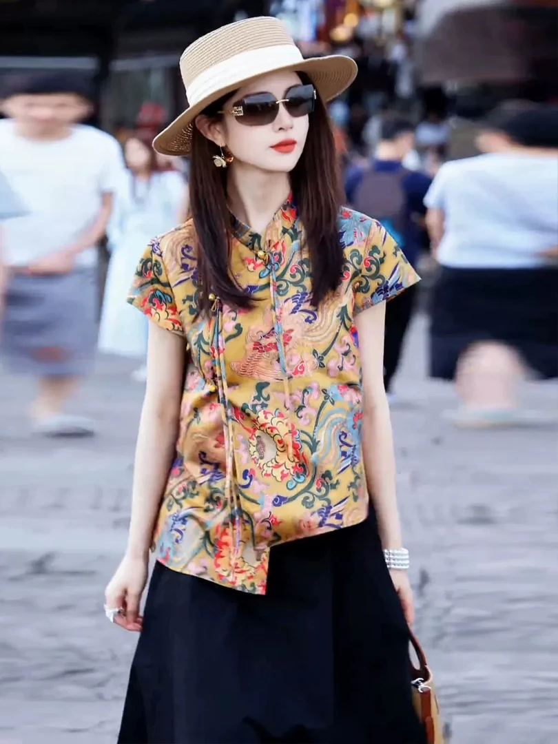 【650TL】新中式国风立领盘扣短袖衬衫女时尚洋气气质显瘦上衣