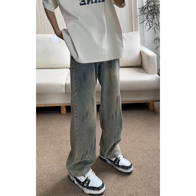 泼墨扎染猫爪痕牛仔裤男款美式复古vintage裤子夏季薄款直筒长裤