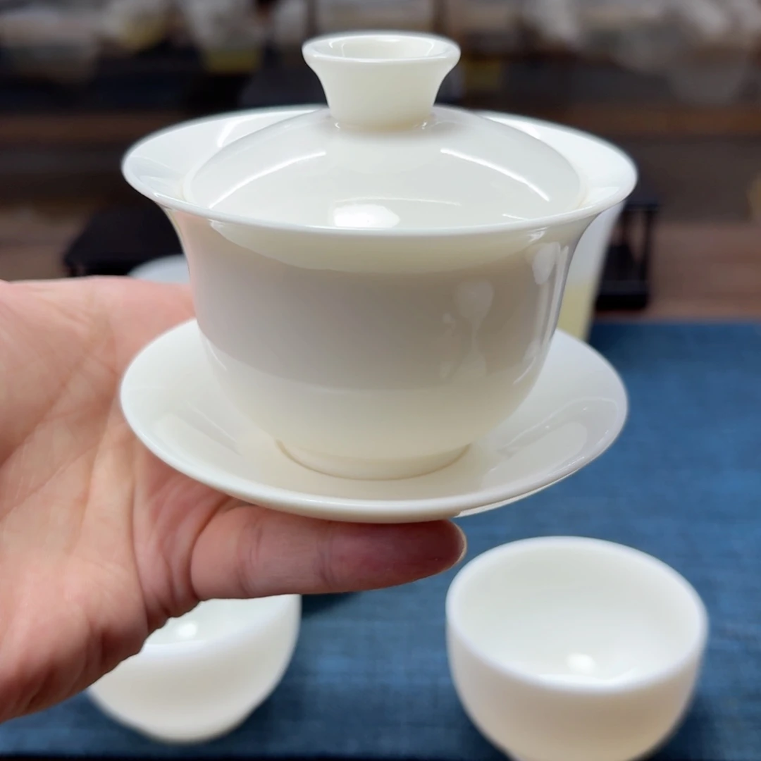 羊脂玉玉瓷盖碗茶具