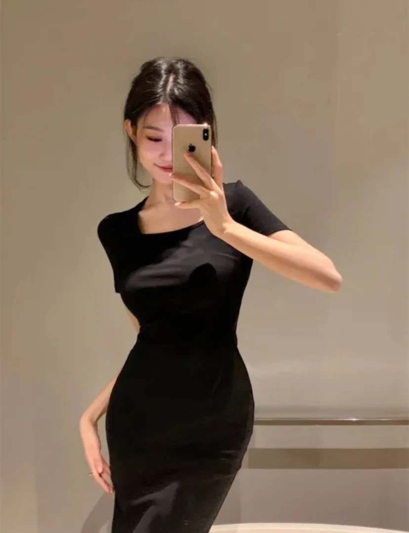 棉洋气质纯色长款包臀鱼尾裙复古女神款短袖连衣裙小个子能穿长裙