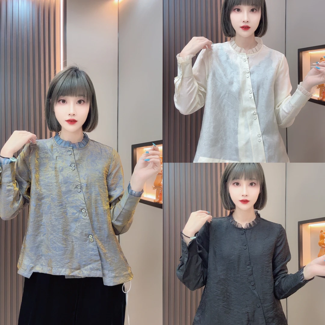 敏宝儿➕6168秋季新中式琉璃缎木耳边斜襟长袖衬衫斜扣显瘦