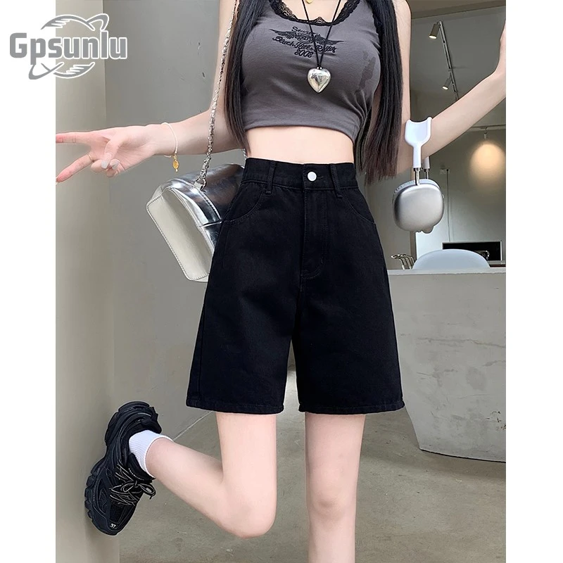gpsunlu黑色牛仔五分裤女夏季薄款分夏季女款刺绣阔腿牛仔短裤