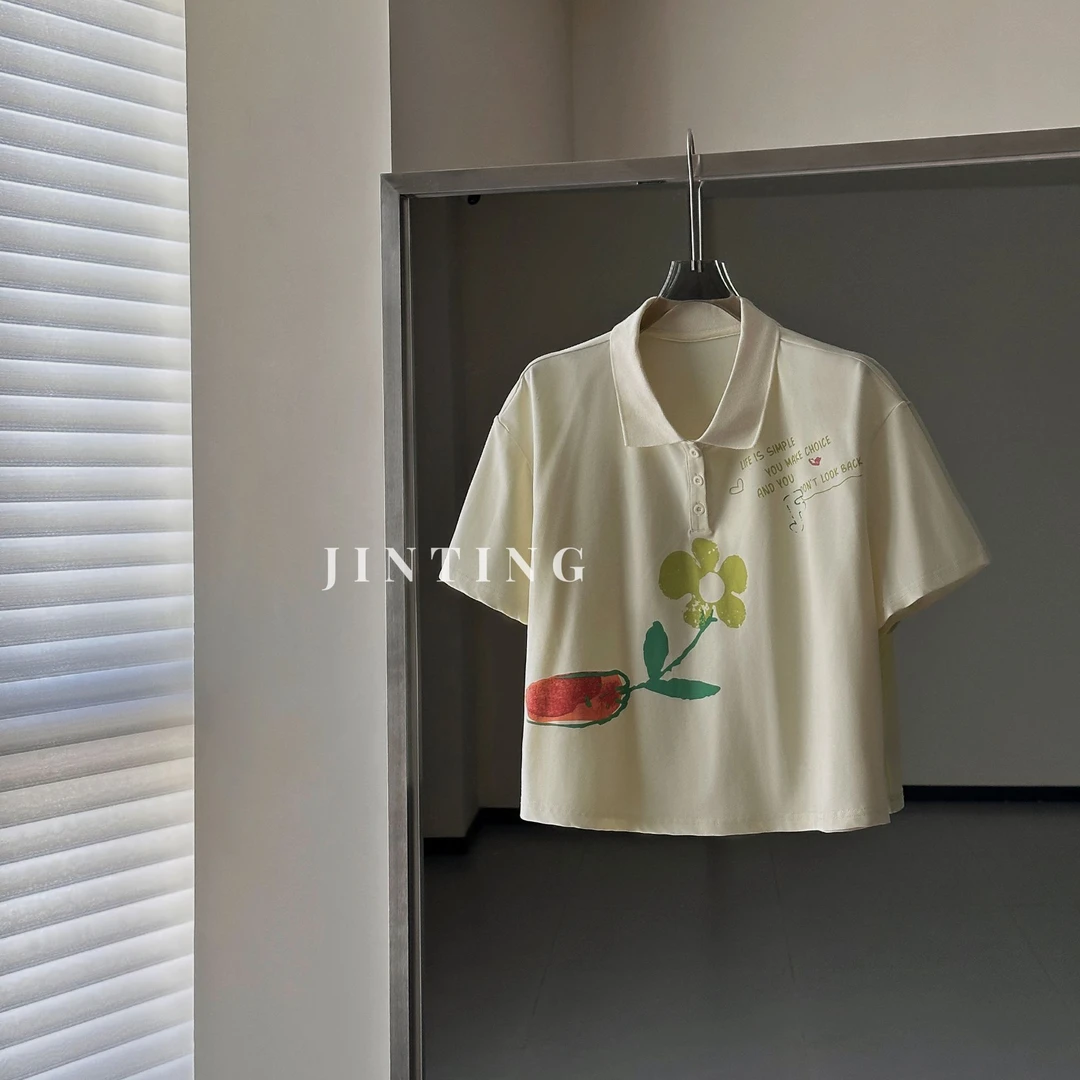 2025夏季高级设计小花polo领宽松显瘦复古短袖T恤-M25219331