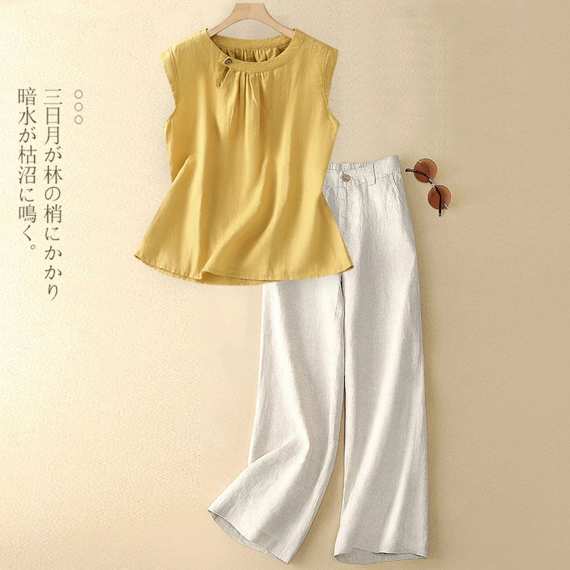 洋气减龄苎麻无袖衬衫套装女士妈妈夏装高端亚麻阔腿裤休闲两件套