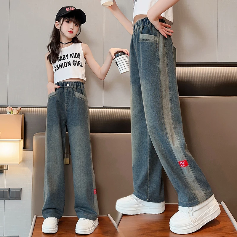 女童裤子春秋装网红儿童中大童宽松2025新款女孩牛仔裤春款阔腿裤