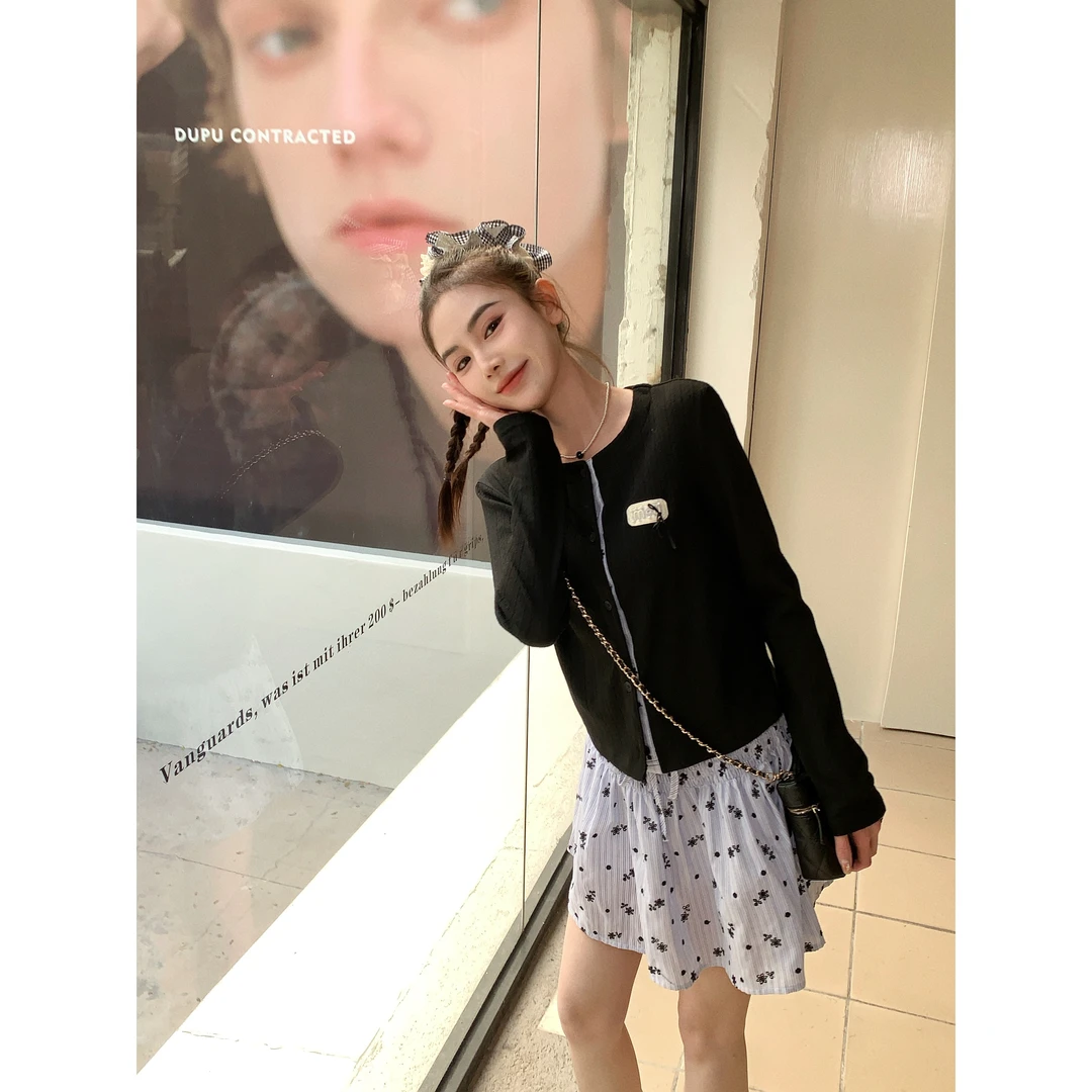 【春日小纪】25737 长袖圆领韩版复古针织开衫拼接蝴蝶结上衣蕾丝