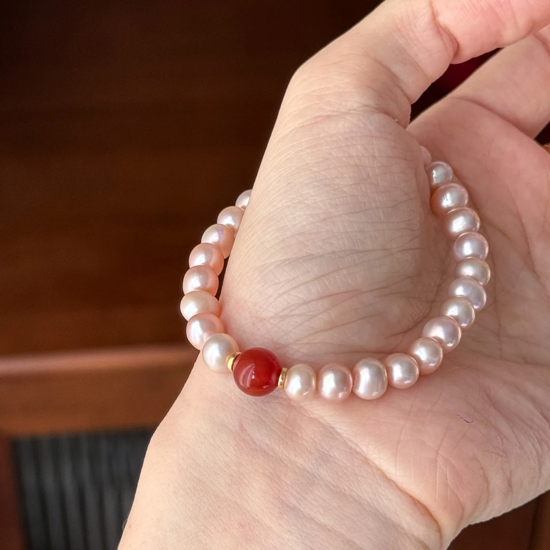 明瑜 气质粉光珠珠复古红手串弹力手工串珠手链女新中式百搭礼物
