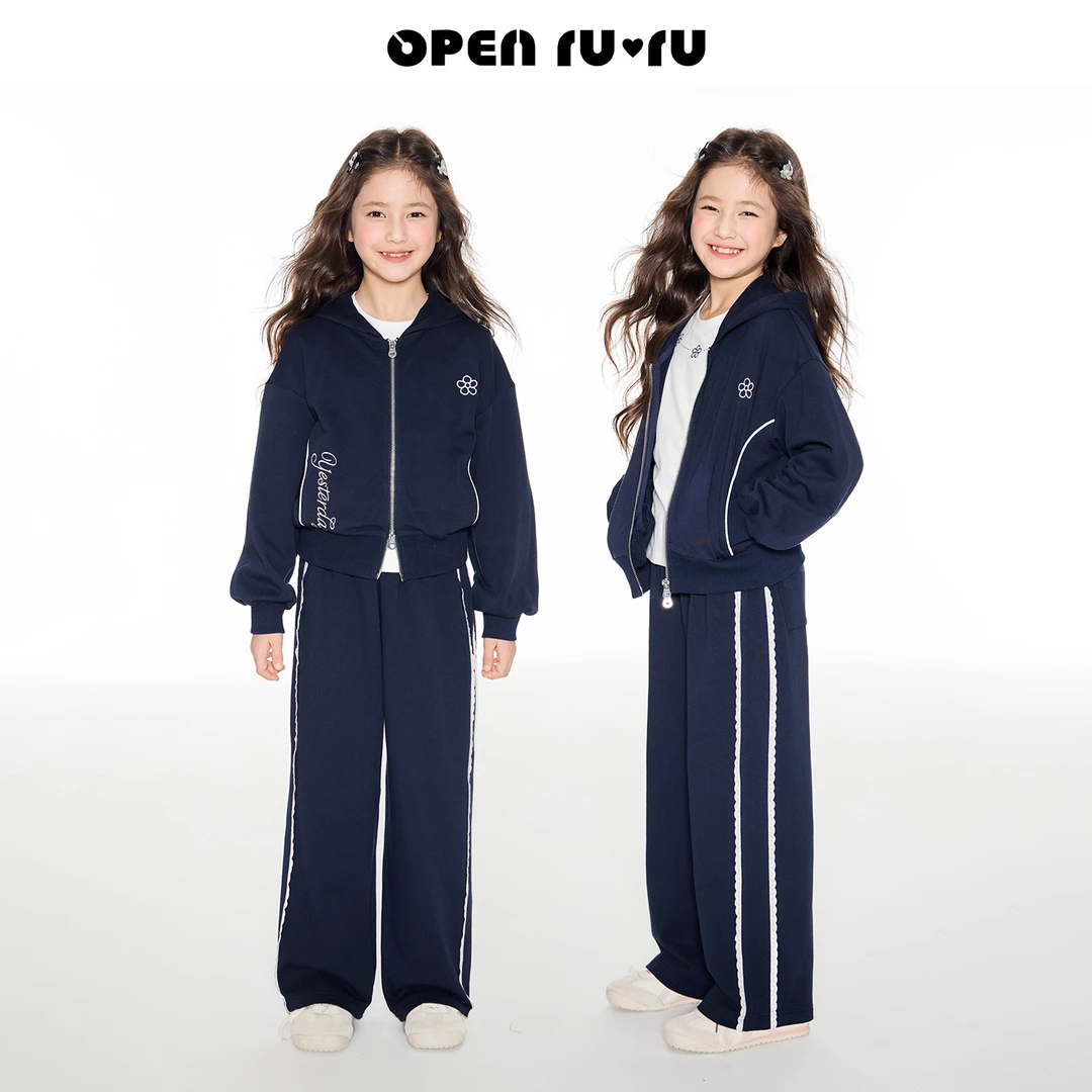 Opennunu女童休闲运动套装秋季双开拉链连帽刺绣卫衣百搭卫裤