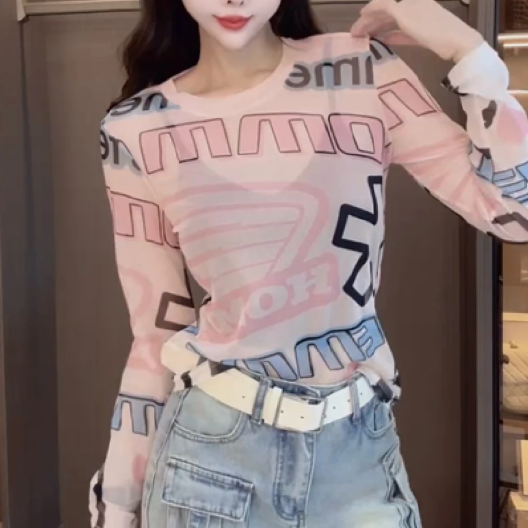 艾防晒长袖印花常规字母圆领T恤网红套头显瘦气质小衫