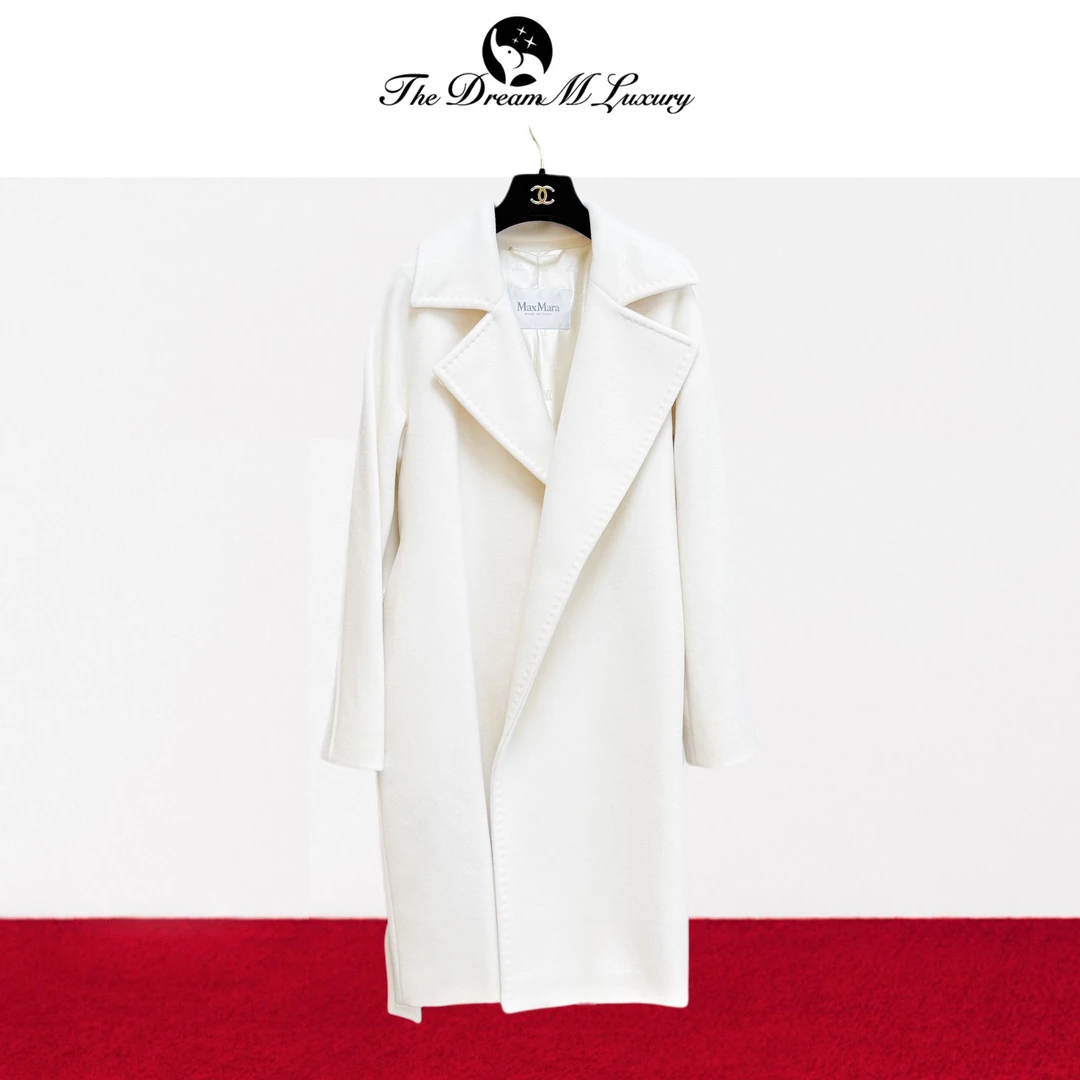 99新 MaxMara F34码/155白色羊毛长款大衣，有腰带
