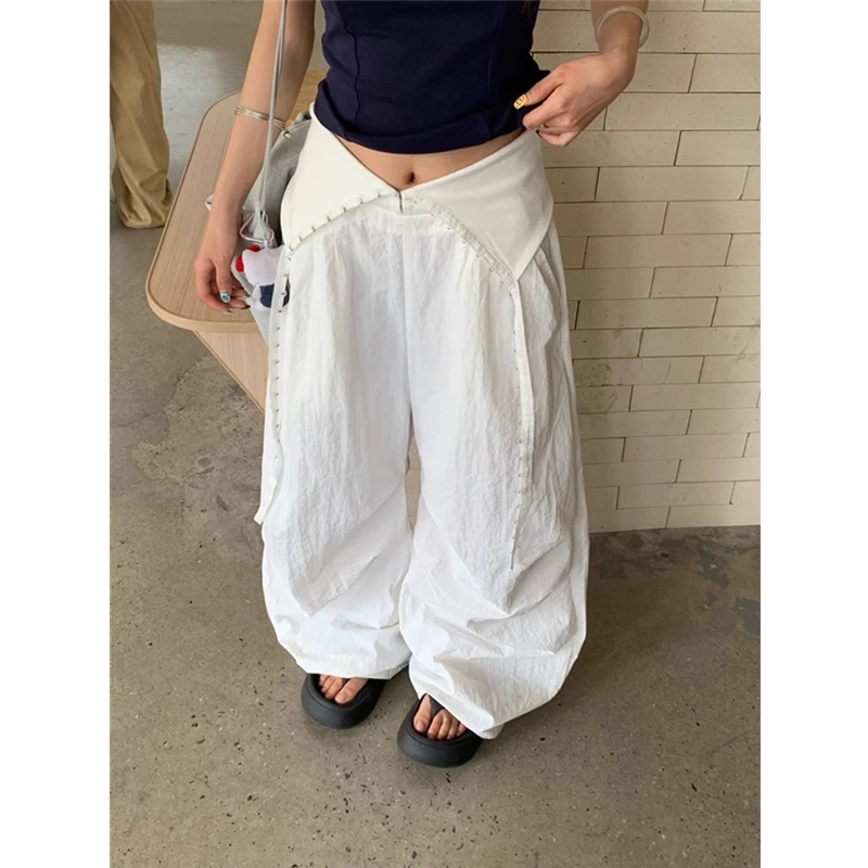 美式辣妹白色烫钻屁帘伞兵休闲裤女夏季新款ins跳舞穿搭阔腿长裤