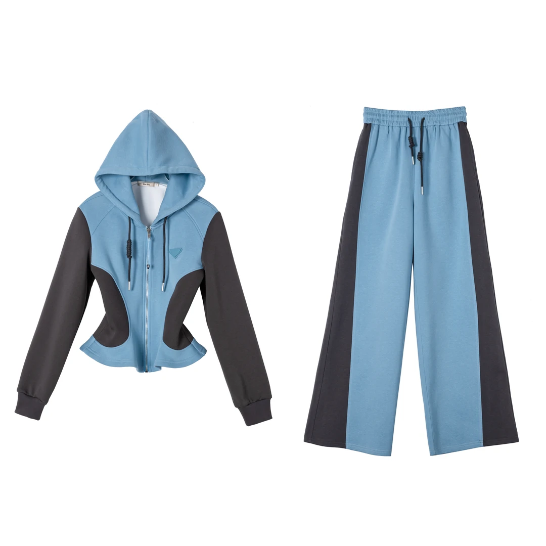 「巴厘岛」气质时尚轻奢高定运动拼接设计师撞色休闲连帽加绒套装