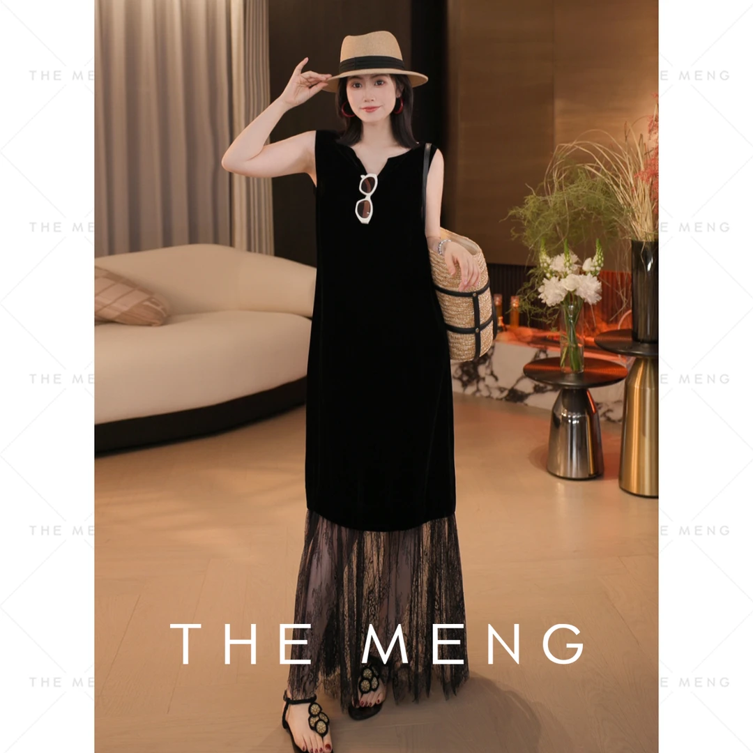 THE MENG【小天鹅】优雅丝绒蕾丝通勤时尚显瘦连衣裙#M252G0272
