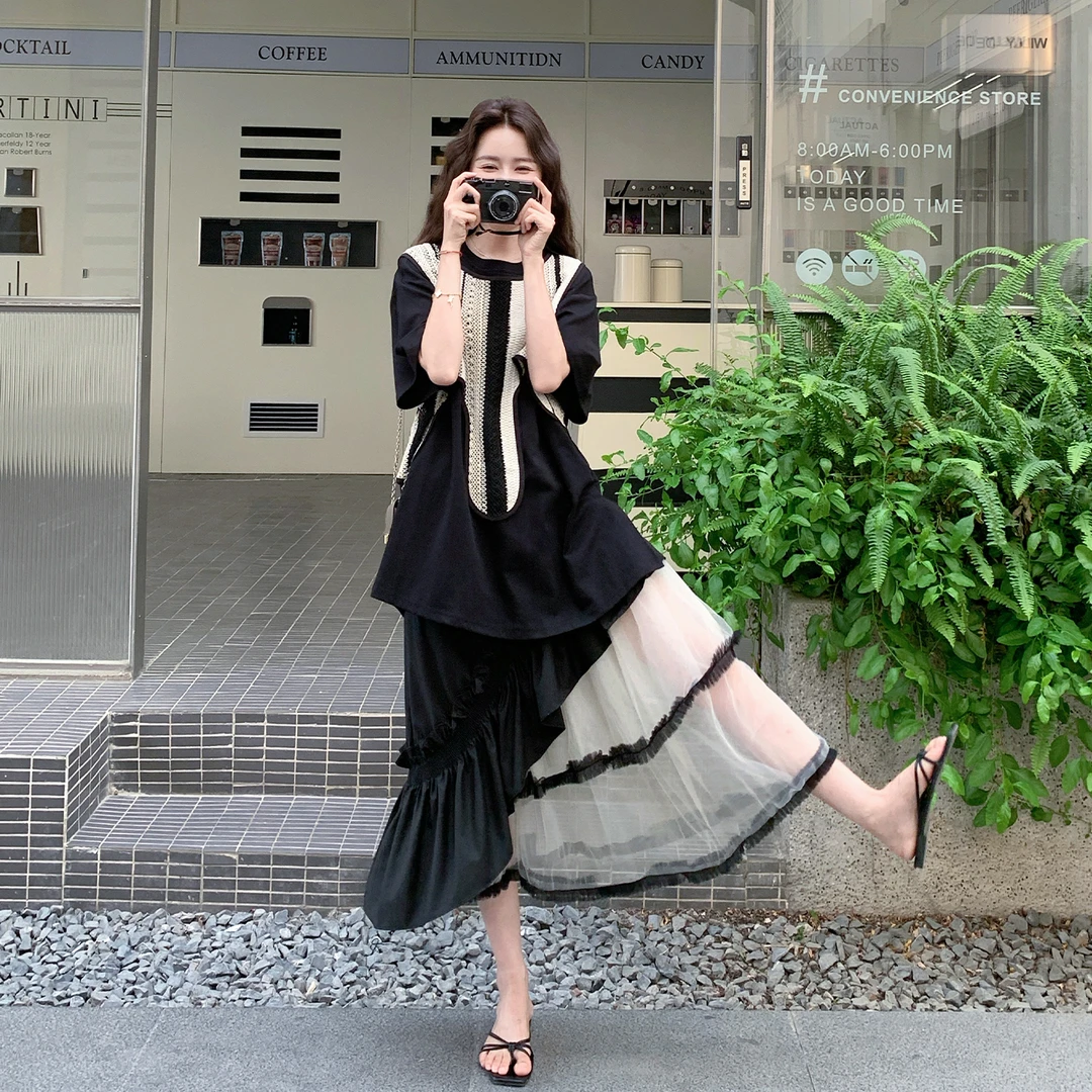 2025夏季时尚新款复古设计感不规则小马甲T+简约百搭T恤两件套装