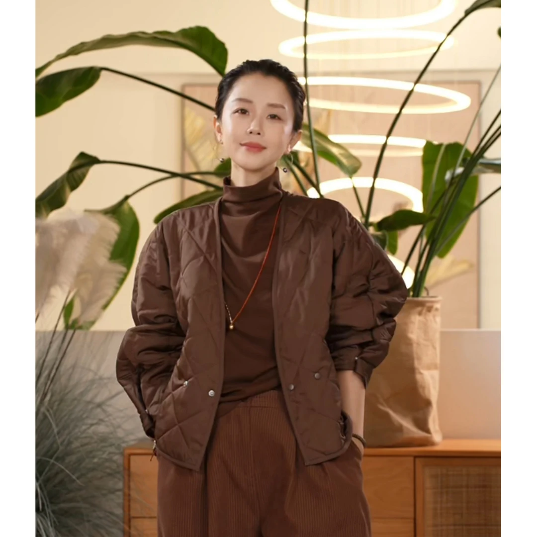Y 【叭哒不惑】绵羊毛V领格纹棉服女宽松显瘦气质短外套