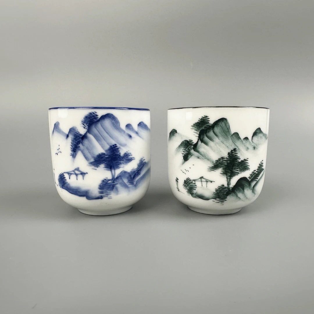 纯手绘釉下彩山水主人杯老瓷器默认微瑕