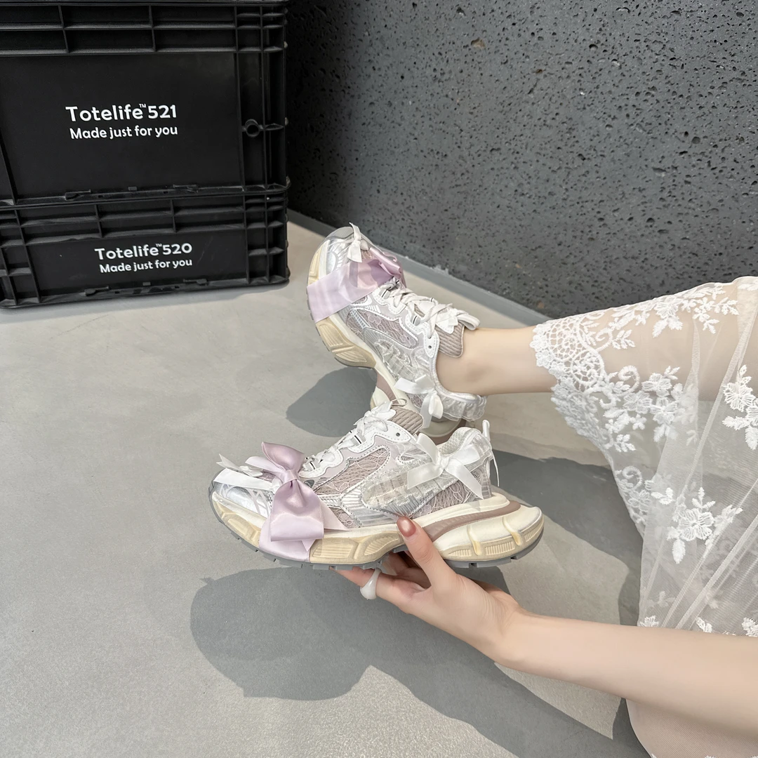 2025夏季新款蕾丝网面蝴蝶结老爹鞋百搭增高跑步运动休闲女鞋舍