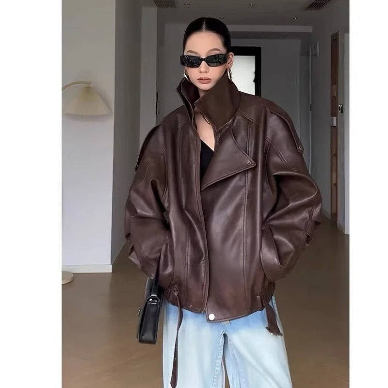 美式复古咖色皮衣外套女秋季2024新款宽松显瘦夹克机车服短款上衣