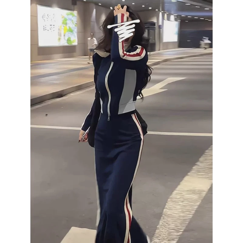 欧货时尚套装裙女2024年春秋休闲运动风立领外套开叉半身裙两件套