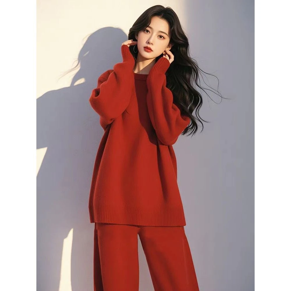 冬季穿搭一整套慵懒风超好看独特漂亮韩系高级松弛感红色毛衣套装