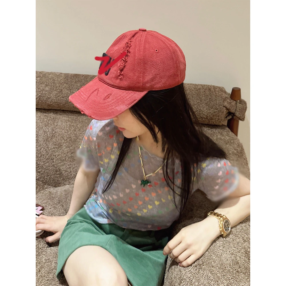 复古灰 彩色爱心印花短袖透气2025夏季新款修身显瘦圆领上衣1718