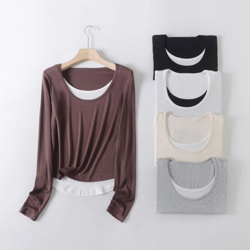 【娃娃专属】螺纹拼色假两件圆领长袖打底衫女薄款内搭外穿上衣