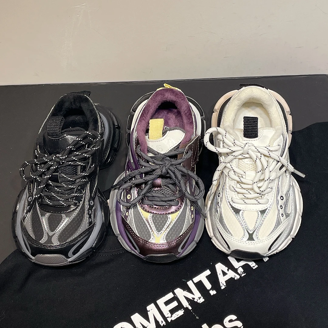 左左家2025冬季儿童拼色加绒运动鞋新款加厚保暖百搭男女童老爹鞋