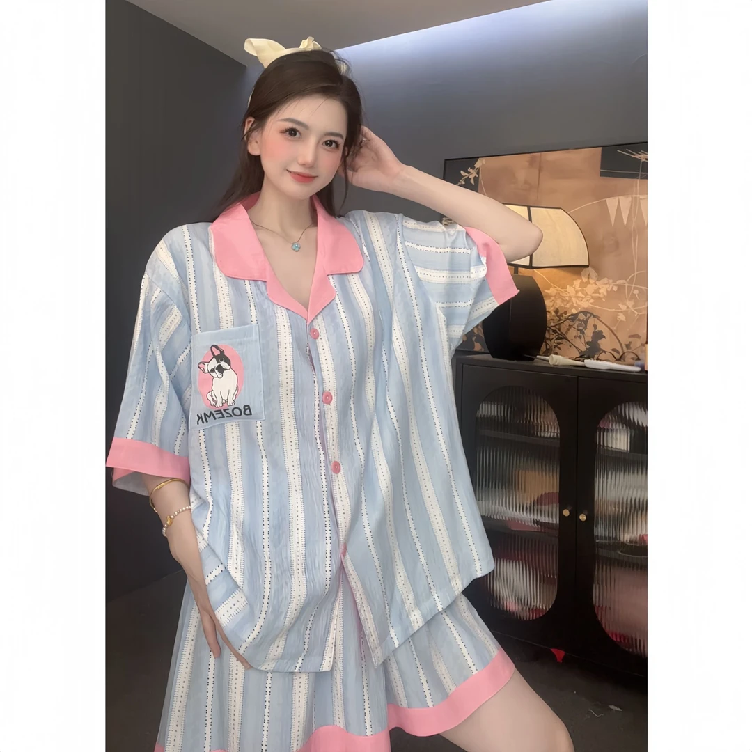 【蓝粉很忙】云朵棉卡通短袖睡衣套装女夏季薄款两件套可外穿家居服