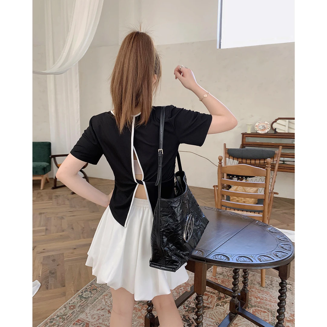 晶咕白标~后露背小设计感短袖圆领T恤女夏季大码简约百搭上衣时尚