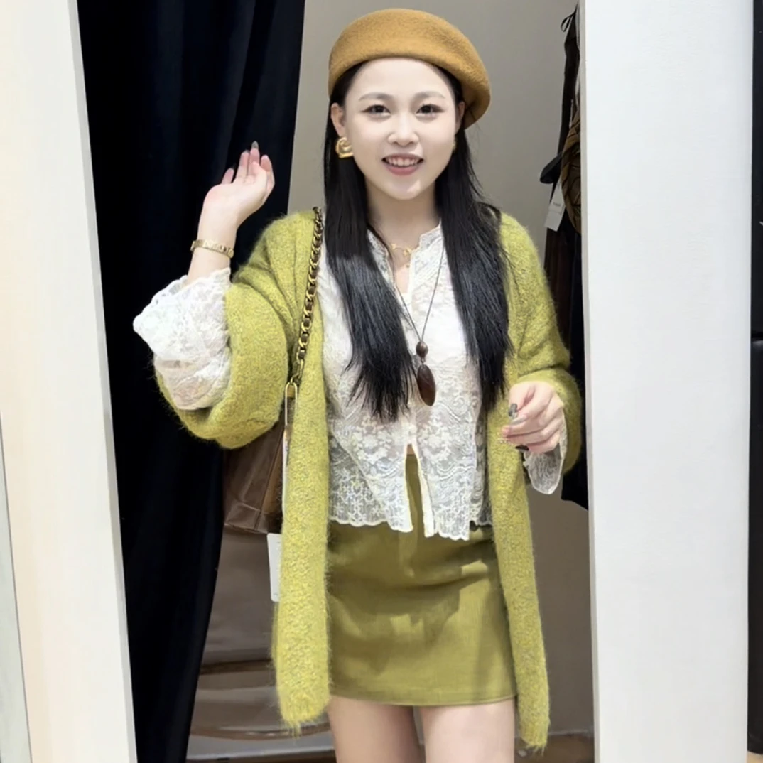 2025秋冬慵懒风针织开衫搭配纯欲蕾丝衫三件套111