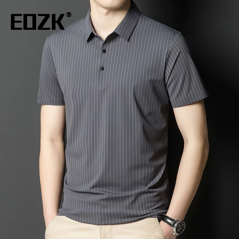 Eozk2025夏季男装短袖t恤轻商务中年男士条纹商务翻领休闲polo衫